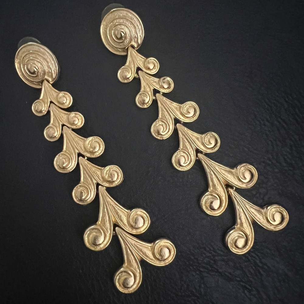 Vtg Gold Tone Ornate Scroll Tiered Dangle Statement Earrings 4.5" Cottagecore